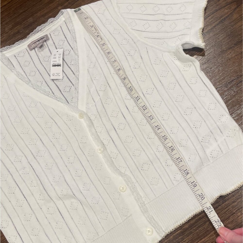 NWT J.Crew Sz L White Pointelle Short-Sleeve V-Neck Cardigan Ultra-Fine Cotton - Picture 7 of 9